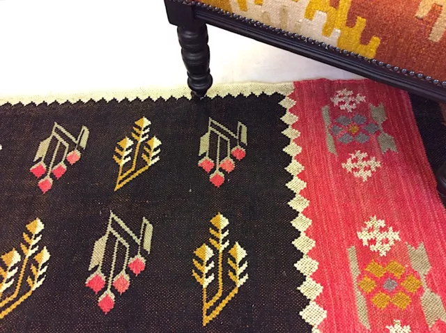 Black Tribal Caucasian Geometric Handmade Natural Fibres Wool Kilim Rugs Runner