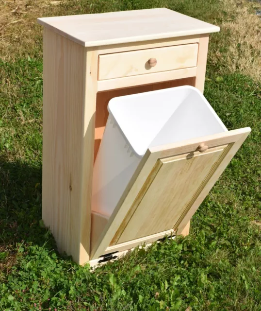 Unfinished Wood trash bin Cabinet, Amish Made, 12.5 Gallon Plastic can Included