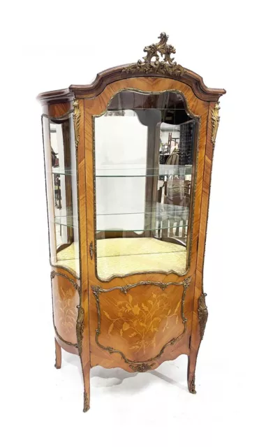 French antique inlaid marquetry vitrine display cabinet of Louis xv design