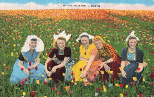 Holland MI Michigan, Tulip Time, Group of Women in Field, Vintage Postcard