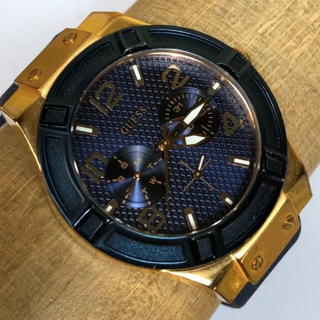 GUESS WATERPRO MENS Silver Tone Day Date Blue Dial Quartz Analog