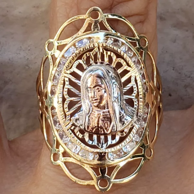 Big wide solid 14k yellow Gold virgin Mary guadalupe Ring Size 6 7 89 10 cz oval