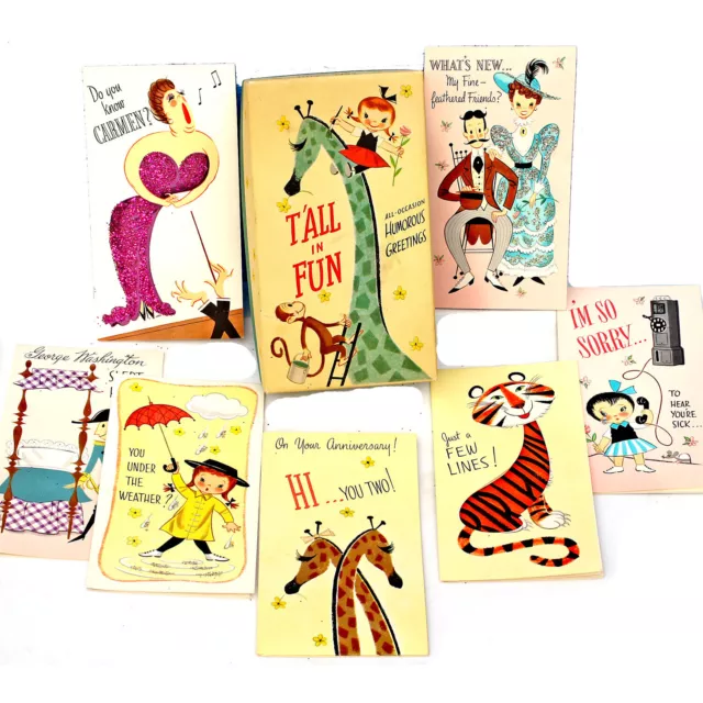 7 Vintage UNUSED Greeting Cards, Tall In Fun Box, Glitter + Gem, Mid Century