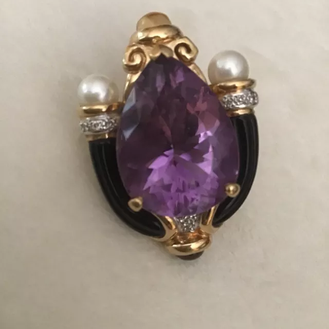 Estate 14K Large Amethyst Pearl  Diamond Onyx Pendant Enhancer