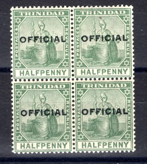 Trinidad 1909 sg O 8 1/2d green OFFICIAL um blk of 4 honey gum cat £17