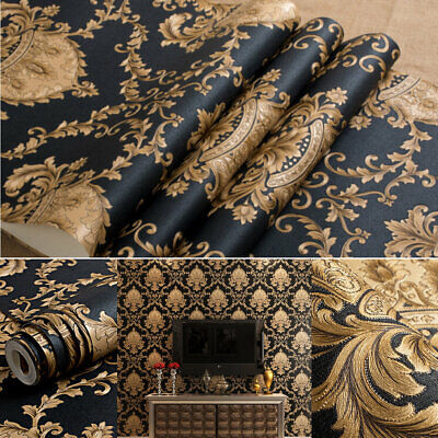 Luxury 3D Vinyl Wallpaper Black & Gold Wall Paper Rolls Textured Metallic Damask