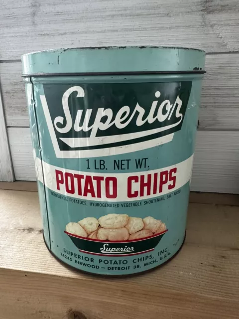 VINTAGE Superior 1LB. Potato Chip Advertising Tin - Detroit, Michigan