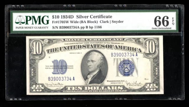 DBR 1934-D $10 Silver Wide Gem Fr. 1705W PMG 66 EPQ Serial B39003734A