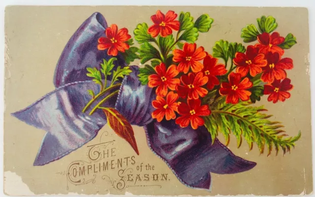 Victorian Christmas Card Flowers The Compliments of the Season