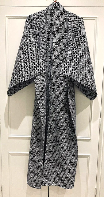 Yukata/kimono/abito giapponese INUTILIZZATO da uomo navy/bianco cotone geometrico senza foderazione L/XL