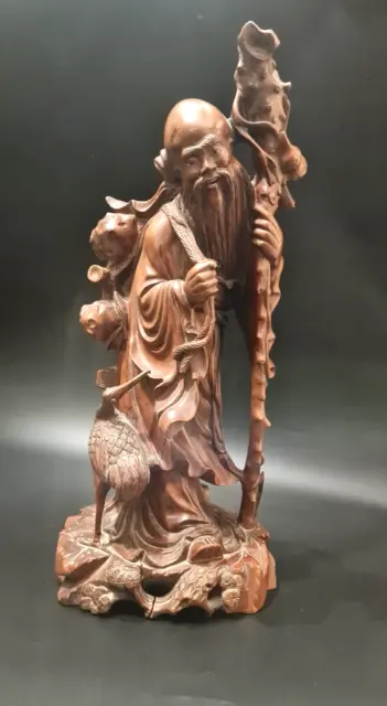 Antique Chinese Carved Fruit Wood Statue Figure Shou Lao God Longevity Crane