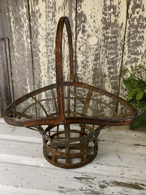 Metal Iron Large Gathering Basket w/ Swinging Handle~ Rustic~ Rusty~ Farm House