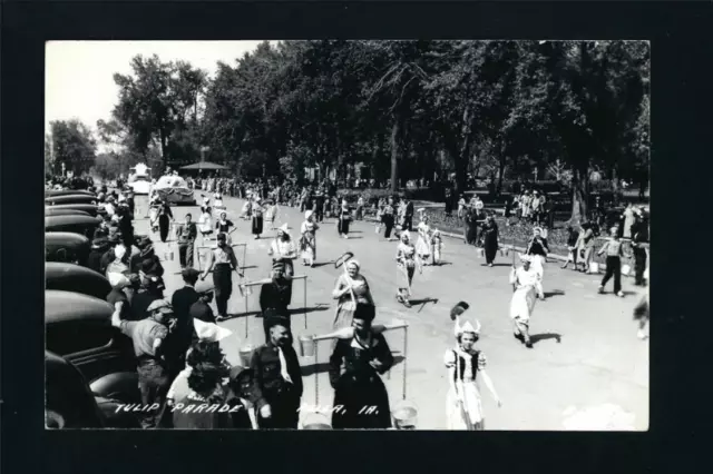 Pella Iowa IA c1930s RPPC TULIP FESTIVAL Street Washers in Parade, Floats, Autos