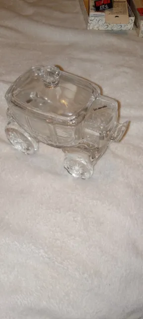 Vintage LE Smith Crystal Clear Glass Stagecoach Candy Dish W/lid
