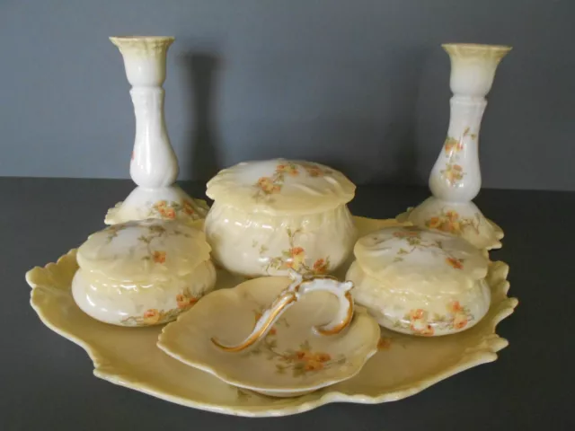 Vintage Limoges 7 Piece Fine Bone China Dressing Table Set Yellow Orange Roses