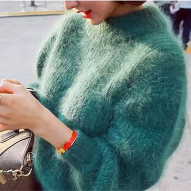 Lady Faux Mohair Fur Sweaters Fluffy Jumper Pullover Turtleneck Puff Sleeve Cute