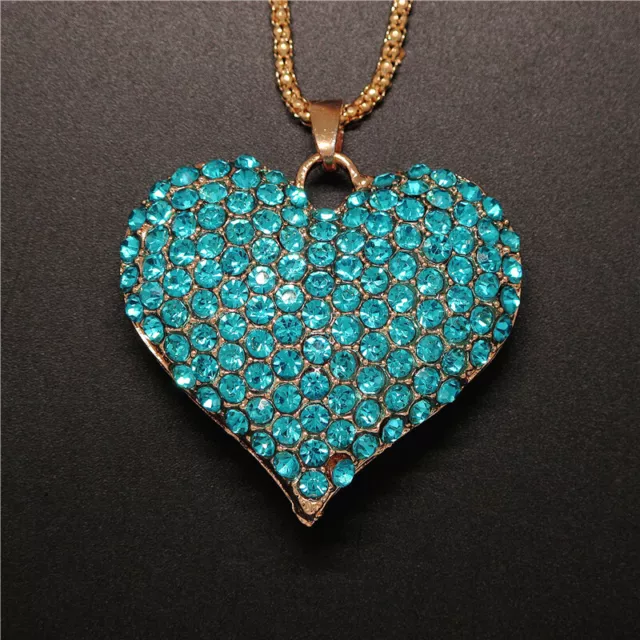 New Rhinestone Blue Shiny Heart Crystal Pendant Fashion Women Chain Necklace 3