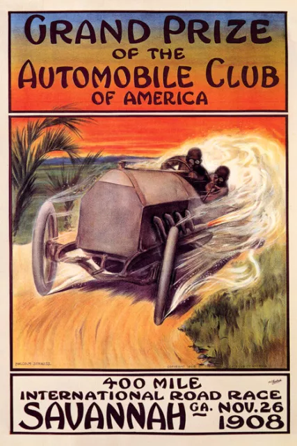 1908 Grand Prize Automobile Club America Car Race Savannah Vintage Poster Repro