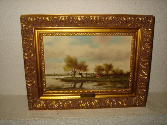 Old oil painting, { Cows near the river, is signed, great  frame! }.