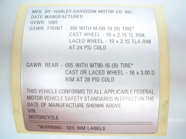 NOS Harley Frame GVWR Identification Label Shovelhead Superglide FX FXR ID Tag