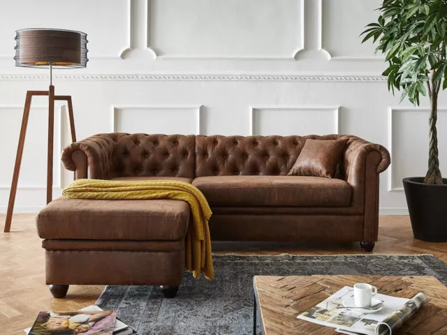 RESTORED ANTIQUE Vintage Chesterfield Brown Ottoman Right Sofa Pure Buffalos