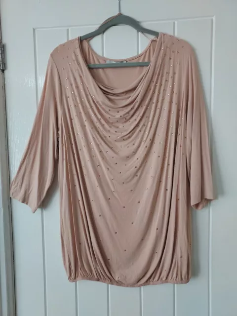 Ladies Long  Pink Sparkle Beaded  Front  Tunic Scoop Neck Top Size 18