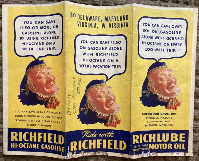 1935 Richfield Gas Road Map Maryland Virginia Delaware WV Sherwood Baltimore