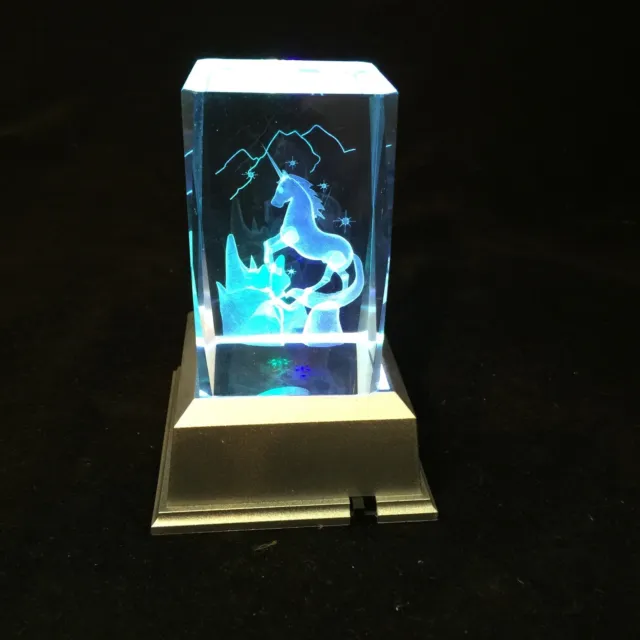 Unicorn-3D Laser Etched Crystal Block With 4 Lights LED Light base