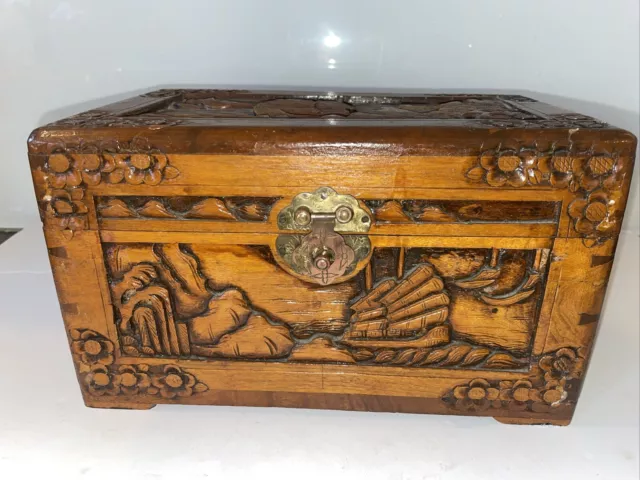 Vintage Asian Chinese Style Ship Design Hand Carved Wooden Box  Camphor Wood