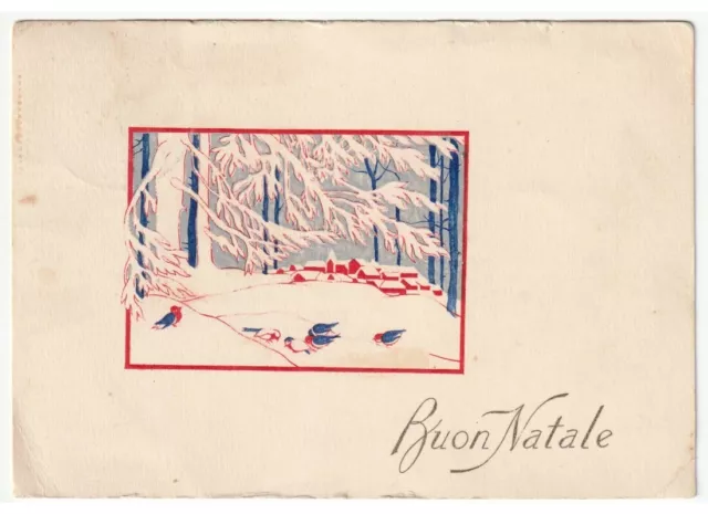 1951 cartolina d'epoca Buon Natale paesaggio innevato case paese uccelli