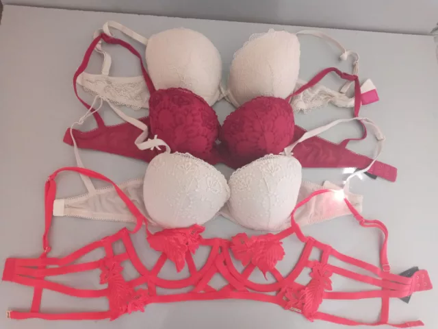ANN SUMMERS LOVERS SPARK PINK & RED LONGLINE PLUNGE PUSH UP BRA SIZE 32D NWT