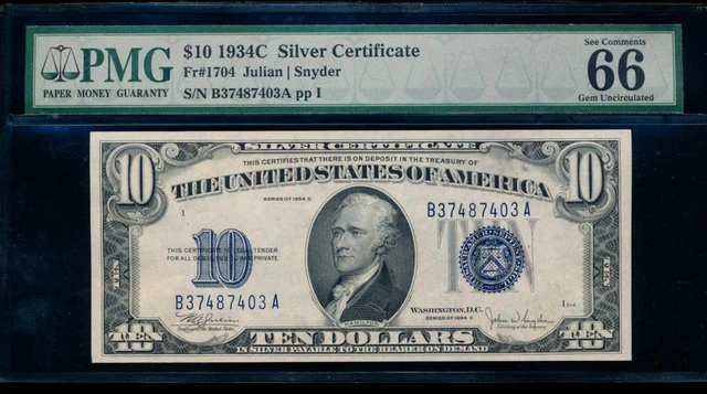 AC Fr 1704 1934C $10 Silver Certificate PMG 66 EPQ gem uncirculated !!!