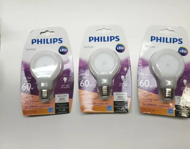 Lot Of 3 - Philips Slim Style 10.5w Replace 60w Soft White Dimmable LED Bulb