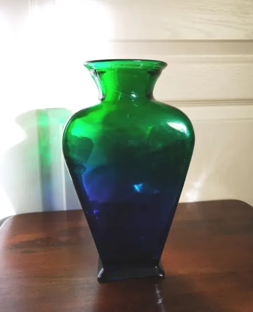 Vintage Très Joli Vase en Verre Bicolore Bleu et Vert Haut. 35 cm TBE