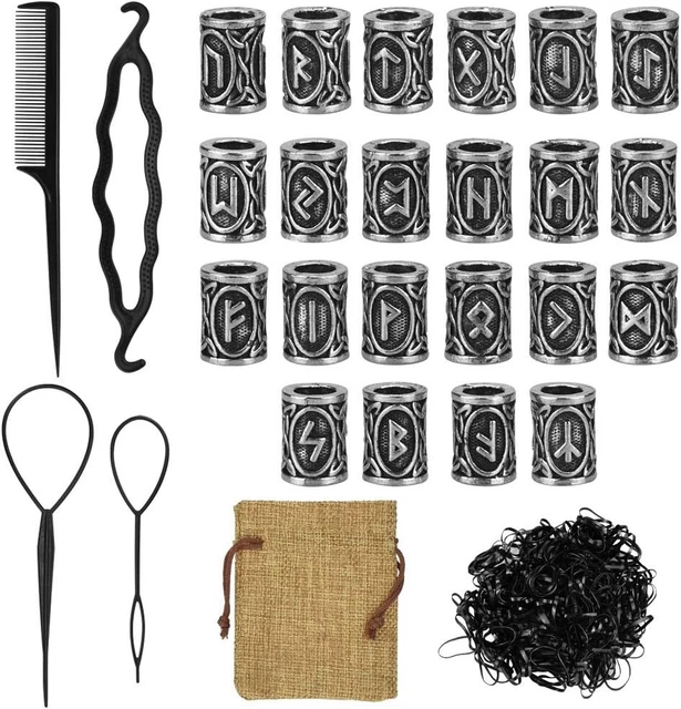 DECARETA Bartperlen für Herren, 24 Stück Wikinger Runen Perlen Nordisch Dreadlock Perlen.
