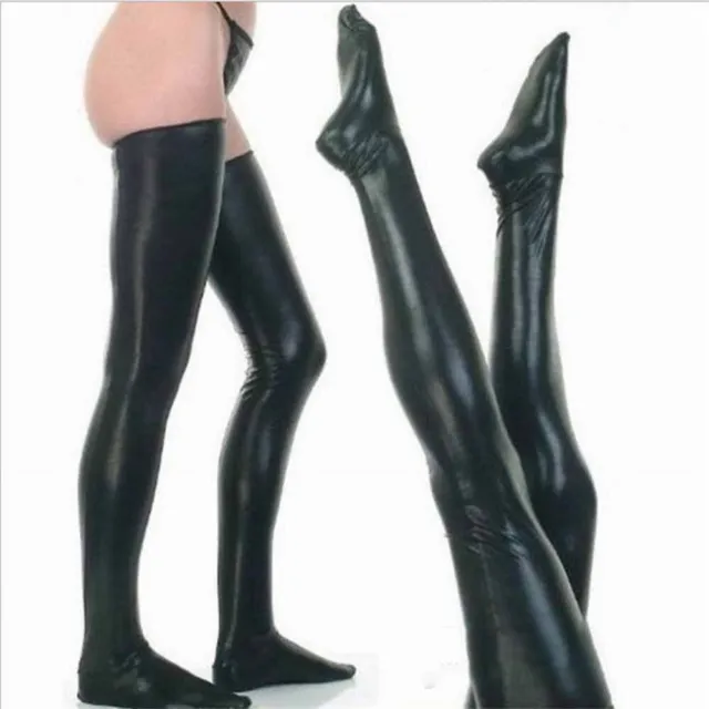 Men Lady WetLook Latex Leather Thigh High Footed Stockings Tights Socks Clubwear