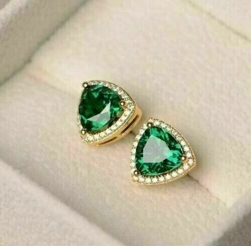 3 Ct Trillion Cut Lab Created Emerald & Diamond Earrings 14K Yellow Gold Plated