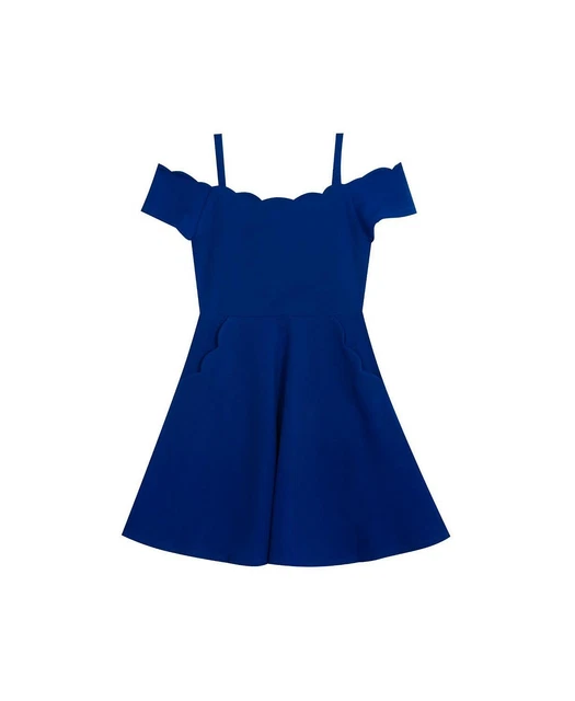 Girls Big  Scuba Skater Dress With Scallop Neckline, Blue, Size 16