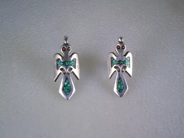 OLD Tommy Singer NAVAJO STERLING SILVER & TURQUOISE INLAY PEYOTE BIRD EARRINGS