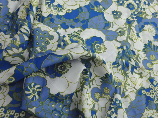 Vintage Silky Cool Rayon Dress Fabric Blue Overall Floral Design 40"L x 36"W