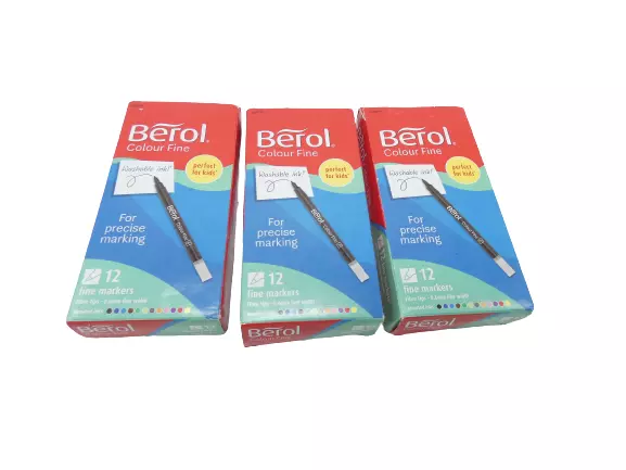 3 Packs x Berol Colour Fine Markers 12 Assorted inks 0.6mm line width - Washable