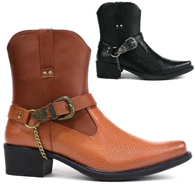 GENTS COWBOY RIDING Ankle Mens Cuban Heel Slip On Buckle Biker Chain