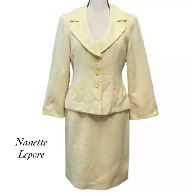 Nanette Lepore Yellow White Ribbon Detail 3/4 Sleeve Blazer Dress Suit Size 6