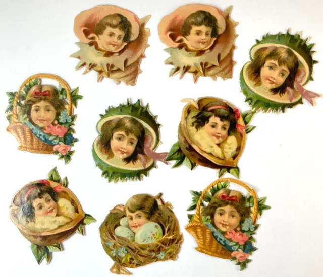 Antique Child Die Cuts Lot of 9 Kids faces in baskets nuts shells vtg 1.6"