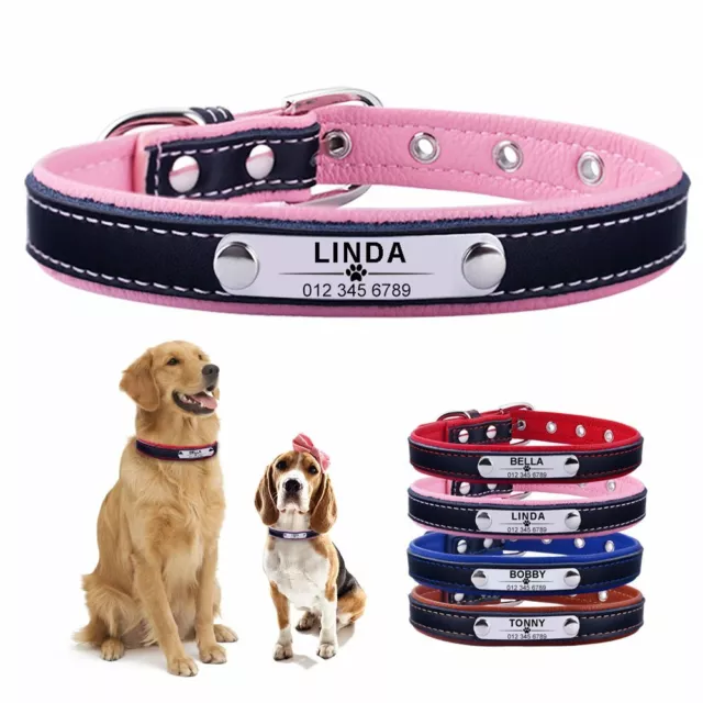 Leather Personalised Dog Collar Pet Cat Custom Engraved Name ID Tag Puppy Small