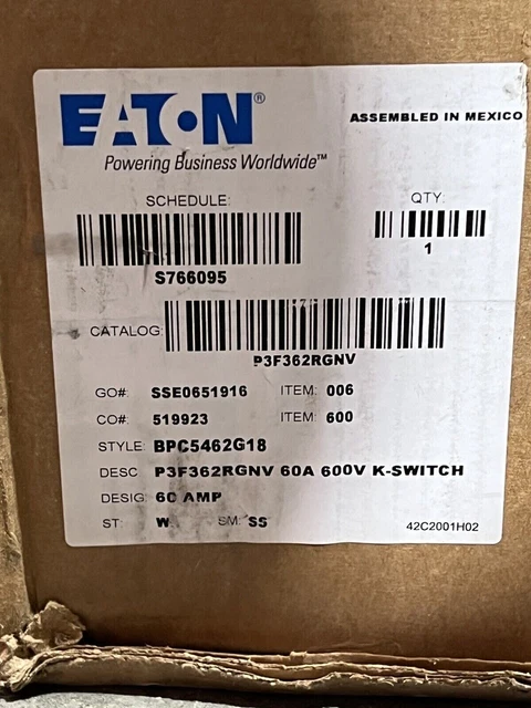 Eaton Pow-R-Way Iii Busway Fusible Plug Switch P3F362Rgnv Busplug 60A 600V Nib