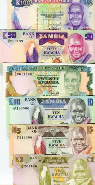 Zambia / Sambia Banknoten 100 50 20 10 5 2 Kwacha 1988-91 Lot 6 Geldscheine UNC.