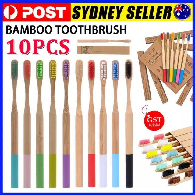 10PCS Bamboo Natural Toothbrush Environmental Eco Friendly Adult Medium Bristle