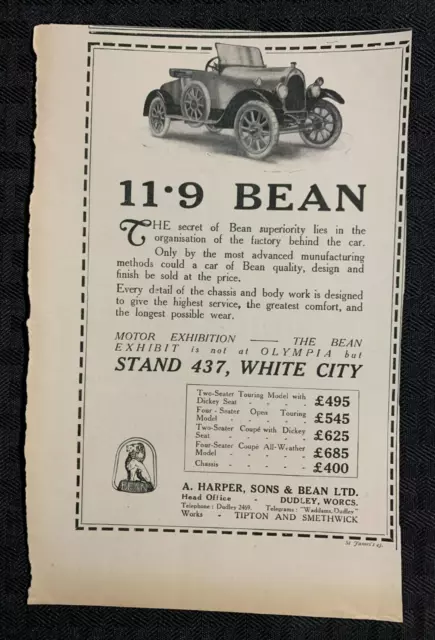 1920 A HARPER SONS & BEAN LTD. 5x8" Print Ad VG+ 4.5 the Greatest Comfort