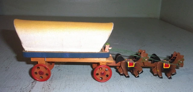 Vintage Wood Horse Drawn Conestoga Covered Wagon Figure Toy Western Decor